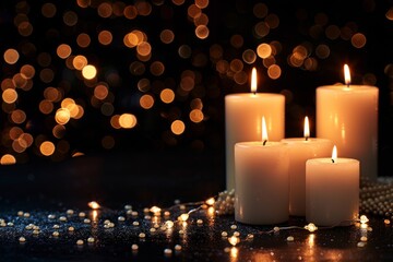 White Christmas candles on a black background. Christmas and New Year decor made of candles, garlands and fir branches. Christmas holiday card with space for text.