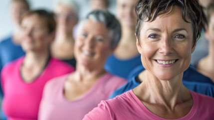 Fototapeta premium Smiling earopean adult female trainer stands against the background of a group of people