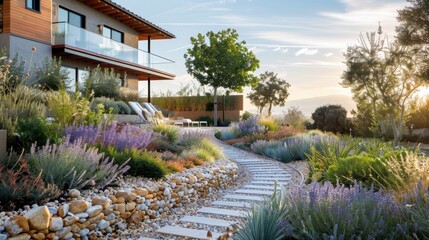 Fototapeta premium Charming modern house with beautiful landscaped garden pathway, surrounded by lush greenery and vibrant flowers at sunset.