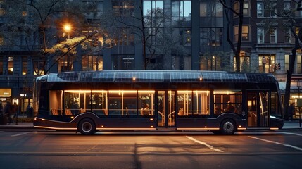 Obraz premium City bus illuminated at dusk in urban setting, showcasing modern transportation and public transit options. Evening bus ride.