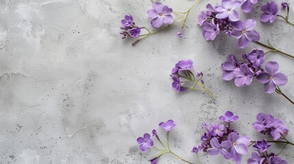 Purple flowers on gray paper against white background symbolizing spring Flat lay with room for text