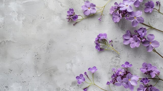 Purple flowers on gray paper against white background symbolizing spring Flat lay with room for text