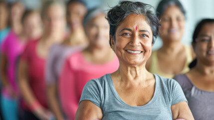 Smiling Indian adult female trainer stands against the background of a group of people