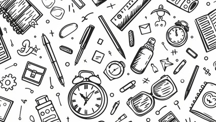 School supplies seamless pattern. Education accessories pencil and pen notebook black line doodle cartoon isolated on white background creative design textile.