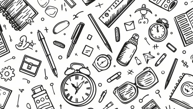School supplies seamless pattern. Education accessories pencil and pen notebook black line doodle cartoon isolated on white background creative design textile. - Powered by Adobe