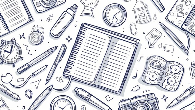 School supplies seamless pattern. Education accessories pencil and pen notebook black line doodle cartoon isolated on white background creative design textile.