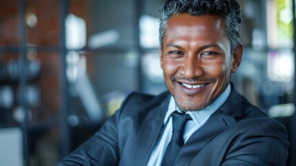 Obraz premium Confident businessman smiling in modern office