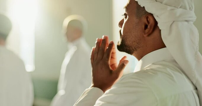Muslim man, people and group prayer in Mosque for peace, Palestine or gratitude to Allah in holy temple. Support, fasting and Islamic Arab men wipe face to finish dua on Ramadan for faith and hope