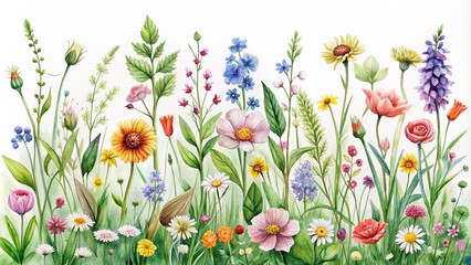 Whimsical watercolor illustration of assorted wildflowers, lush grass, and vibrant greenery within a delicate floral border, perfect for botanical and floral designs.