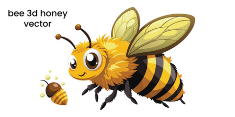 Cute bee with honeycomb in cartoon style. 3D illustration. Vector.