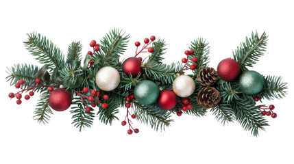 Christmas Branches Border with Christmas Decorations on Transparent Background