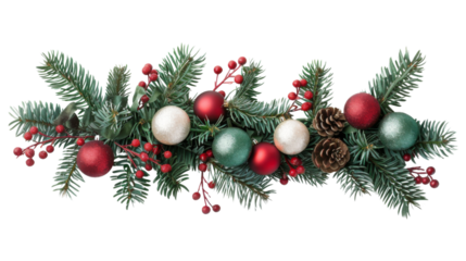 Christmas Branches Border with Christmas Decorations on Transparent Background