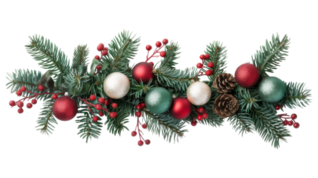 Christmas Branches Border with Christmas Decorations on Transparent Background