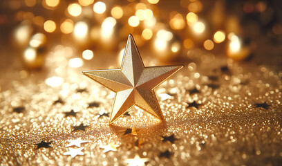Golden stars glitter on a background of blurry bokeh lights