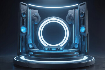 3D podium with futuristic tech stage surrounded tall metallic structures and blue neon lights