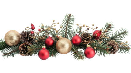 Christmas Branches Border with Christmas Decorations on Transparent Background