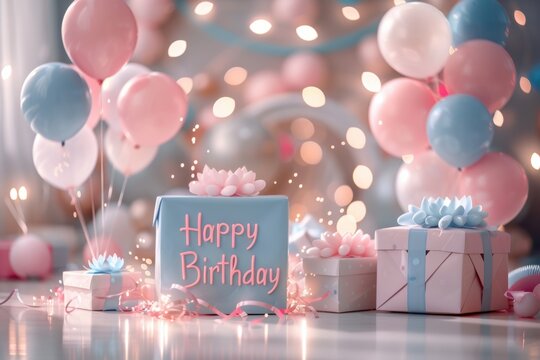 Pastel Balloons and Gifts Celebrate a Happy Birthday