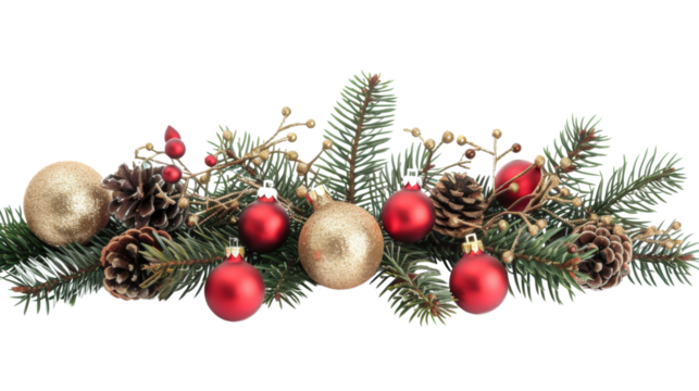 Christmas Branches Border with Christmas Decorations on Transparent Background