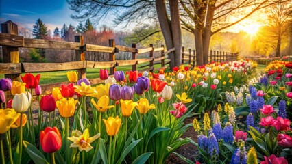 Vibrant tulips, daffodils, and hyacinths bloom amidst lush greenery, surrounded by rustic wooden fences, capturing the essence of a serene spring morning in a rural garden setting.