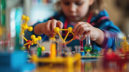 Close up of smart children hands learning about science by using toy in STEM science lesson. Skilled elementary student studying and doing experiment with blurring background. Creative concept. AIG42.
