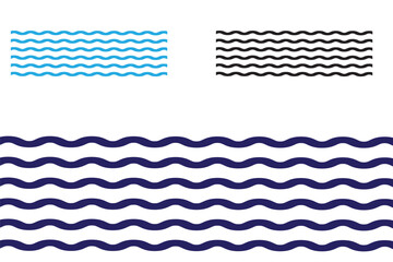 Sea wave icon set. Set of thin line waves. Various wave water lake river. Water logo, line ocean symbol in vector flat style. Seamless abstract line pattern. Water outline symbol. Sea and Ocean signs