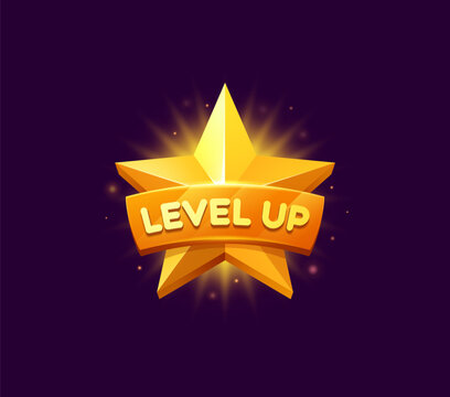 Level up rank star vector icon, game UI or GUI gold medal, bonus, award, trophy and reward. Cartoon golden star badge with ribbon banner, game level up rank, winner award, achievement bonus or medal