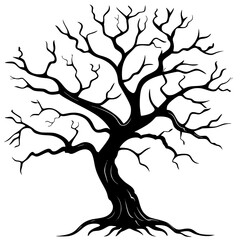 Spooky Leafless Tree Illustration, Minimalist black and white illustration of a spooky, leafless tree with twisted branches, creating an eerie and haunting visual effect.
