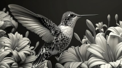 Obraz premium A stylized vector hummingbird in mid-flight, with intricate wing patterns.