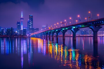 Night view of the city filled with colorful lights of bridges and large buildings illuminated by colorful lights