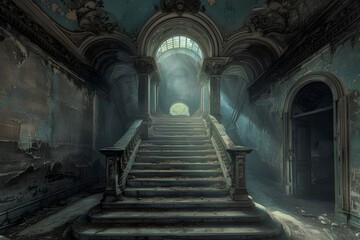 Interior of a smoky old building with stairs and decorated in gothic style, dark and eerie with only light coming from the windows.