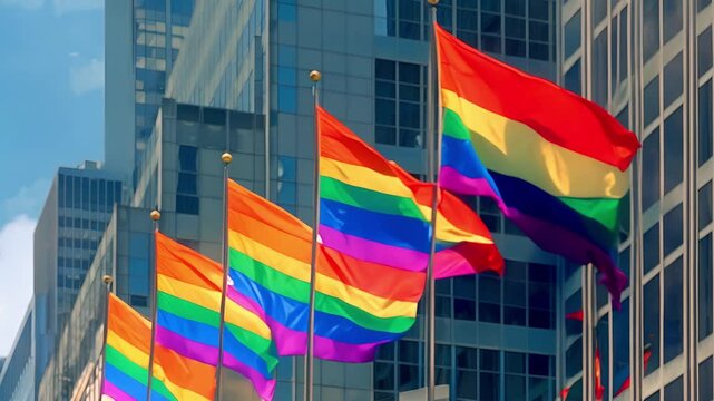 Row of Waving Flags at LGBTQ, Lesbian, Gay, Bisexual, Transgendered, Queer, Pride Parade Street Party Celebration Marching in slow motion Close Up by building