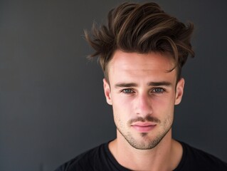 Obraz premium A man with textured quiff hairstyle, posing confidently