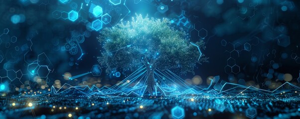 Futuristic digital tree with glowing blue technology background