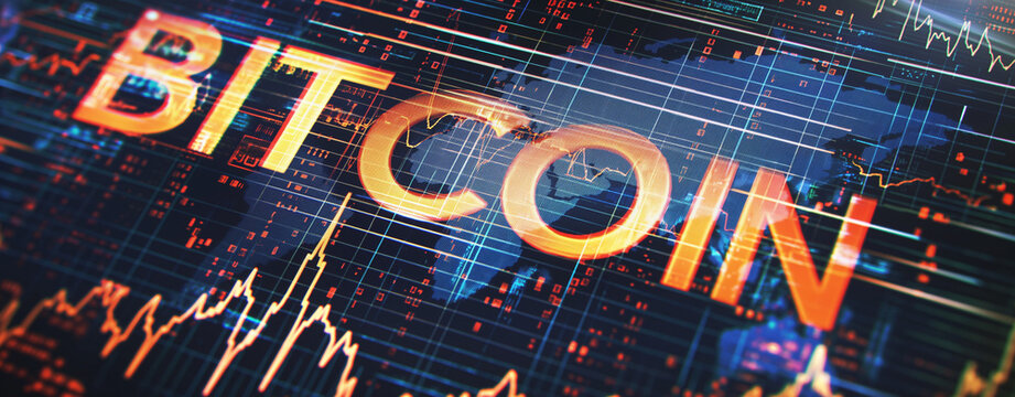 The phrase "Bitcoin" on a trading chart background with coins and charts in the styles of orange, indigo and gunmetal colors
