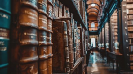 Vintage books on wooden shelves in classic library interior