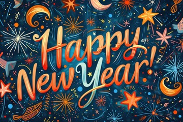 Festive New Years Greeting With Stars and Fireworks
