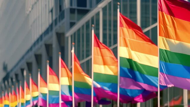 Row of Waving Flags at LGBTQ, Lesbian, Gay, Bisexual, Transgendered, Queer, Pride Parade Street Party Celebration Marching in slow motion Close Up by building