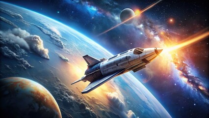 A realistic space ship flying through outer space, spacecraft, spaceship, cosmos, galaxy, stars, sci-fi
