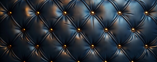 Fototapeta premium Luxurious dark blue tufted leather with golden buttons background