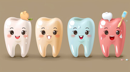 teeth representing the stages of dental health, from a clean and healthy tooth to decay