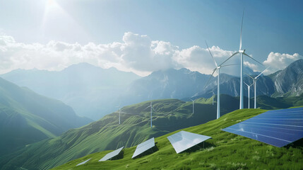 Renewable Energy Landscape with Wind Turbines and Solar Panels. This stunning photograph captures a serene and picturesque landscape featuring renewable energy sources, including wind turbines and sol