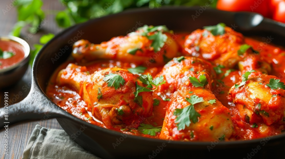 Wall mural delicious homemade chicken drumsticks in spicy tomato sauce - Wall murals