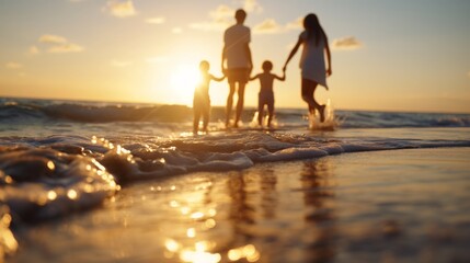 Fototapeta premium family enjoying a beach vacation, with children playing in the sand and waves, Sunset