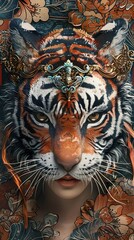 Captivating Hybrid Mask with Intricate Tiger, Floral, and Sword Patterns in Striking Graphic Style