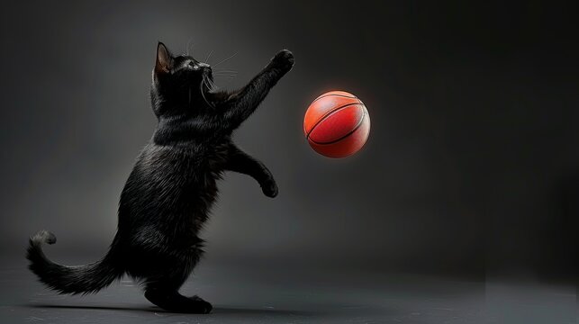Curious black cat leaps for basketball in mid air, playfully reaching out in a captivating jump