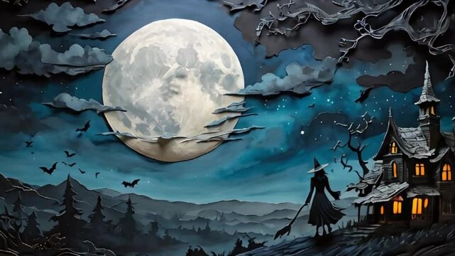 箒に乗って満月の夜空を飛ぶ魔女 不気味な雰囲気の映像