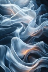 Fototapeta premium Flowing translucent waves of fabric in soft light, creating an ethereal, abstract scene. Subtle hues of blue and orange light dance on the elegant, silky folds, evoking serenity and fluidity.