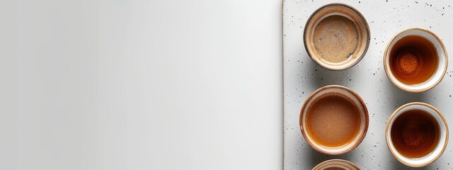  A white countertop holds a collection of bowls, each brimming with distinct sauces Nearby, a pristine white sheet of paper waits