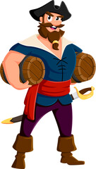 Cartoon sailor and skipper pirate character with rum barrels. Boatswain and captain or filibuster exhibits joyful expression. Isolated vector corsair holding wooden casks, filled with alcohol drink
