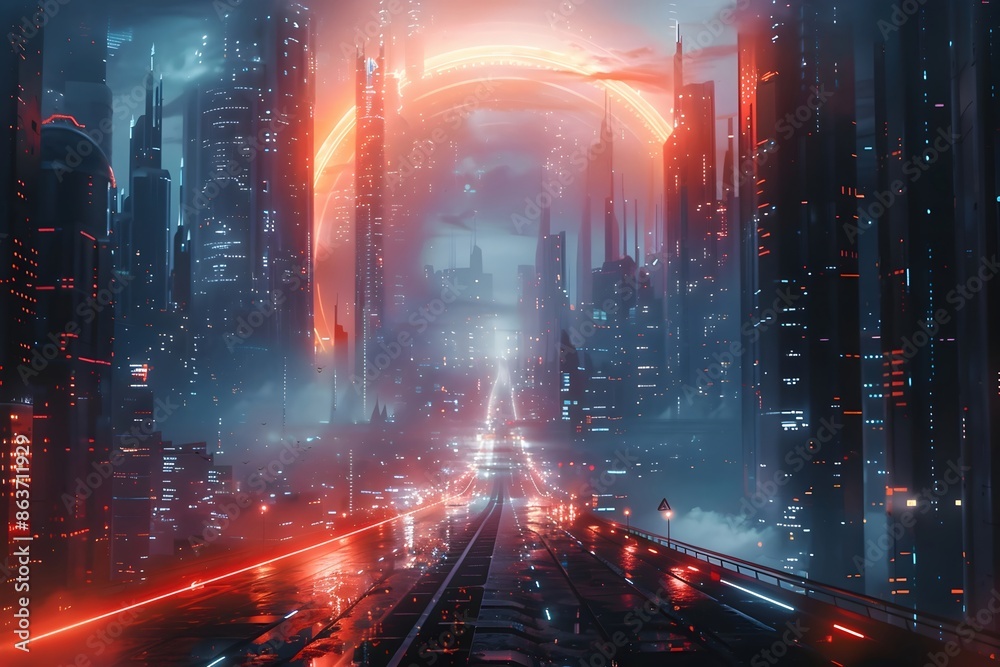 Poster Futuristic Cityscape With Singularity Vortex of Holographic Energy and Light Suspended in Flux